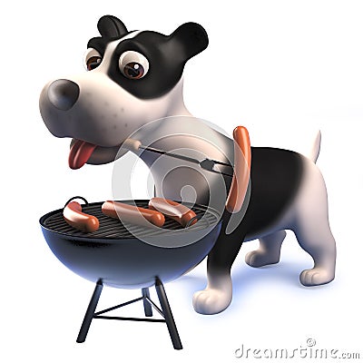 Hungry black and white puppy dog in 3d playing with a bbq Stock Photo