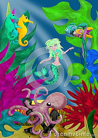 3d rendered mermaid cartoon character in underwater world Stock Photo