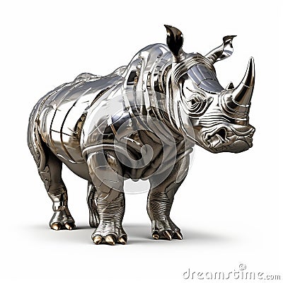 Futuristic Chrome Rhino 3d Model With Silver Spikes On White Background Stock Photo