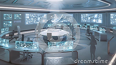 3D rendered, modern, futuristic command center interior with people Stock Photo