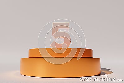 3d rendered number 5 on golden round-shaped flat stage on a gray surface Stock Photo