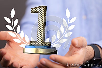 3D rendered number 1 presented to a businessman for one year or first place digital award Stock Photo