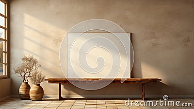 Rustic Room With Blank Wall, Vases, And Wooden Table Stock Photo