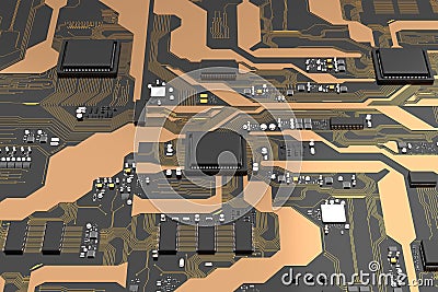 3D Rendered printed circuit board with cpu chipset processor electronic element Cartoon Illustration