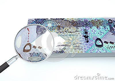 3D Rendered Qatar money with magnifier investigate currency on white background Stock Photo