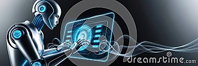 A 3D-rendered robot performing calculations on a holographic screen, emphasizing the power of AI and machine learning in solving Stock Photo