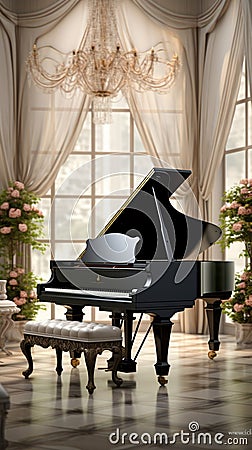 3D-rendered room exudes timeless charm, complete with grand piano and chandelier. Stock Photo