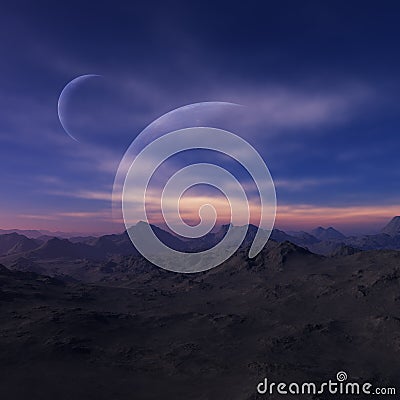 3d rendered Space Art: Alien Planet - A Fantasy Landscape with blue skies and clouds Stock Photo