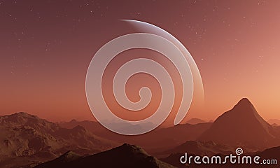 3d rendered Space Art: Alien Planet - A Fantasy Landscape with red skies and clouds Stock Photo