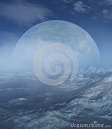 3d rendered Space Art: Alien Planet in the snow - A Fantasy Winter Landscape Stock Photo