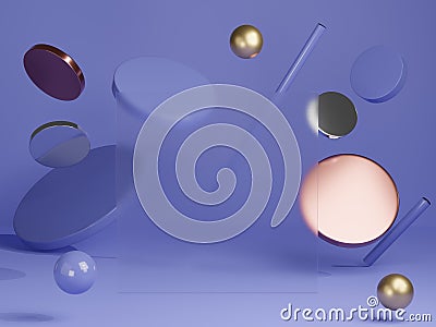 3d rendered studio mock up background for product presentation, transparent banner with geometric shapes decoration. purple Stock Photo