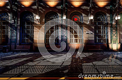 Fantasy Victorian Train Station Panorama Background Stock Photo