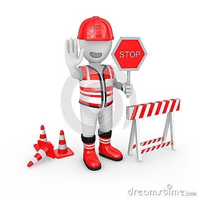 3d rendered white worker shows stop gesture. Cartoon Illustration