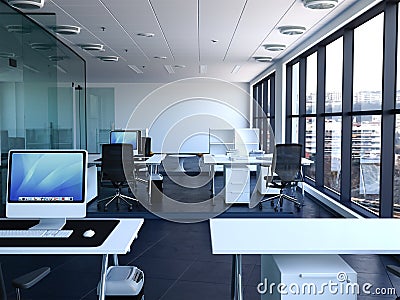 3d renderin of loft office interior with panoramic window Stock Photo
