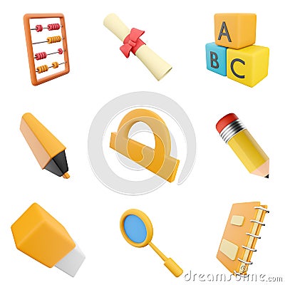 3d rendering abacus, diploma, A B C blocks, marker, protractor, pencil, eraser, magnifier and notebook icon set. 3d Stock Photo