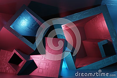 3D rendering abstract art sci-fi background. The cubic shape with a melallic texture of different sizes is random in space. Light Cartoon Illustration
