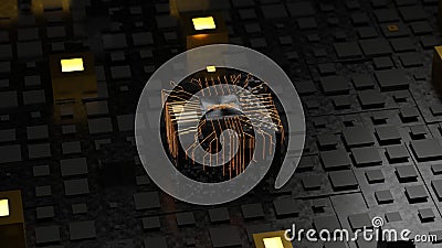 3d rendering of an abstract background of cubes and tiles. A large cube in the center with a platinum plaque and the text POWER. Stock Photo