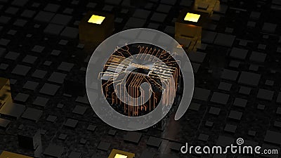 3d rendering of an abstract background of cubes and tiles. A large cube in the center with a platinum plaque and the text POWER. Stock Photo