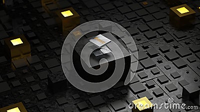3d rendering of an abstract background of cubes and tiles. A large cube in the center with a platinum plaque and the text POWER. Stock Photo