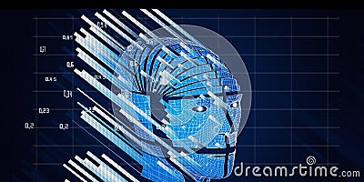 3D rendering of abstract background with wireframe human head cyborg. Polygonaly robot with bllured lines and effects lense Stock Photo