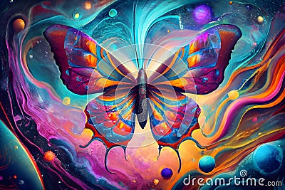 3d rendering, abstract cosmic ABSTRACT BUTTERFLY background, ultra violet neon rays, glowing lines, cyber network, speed of light Stock Photo