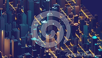 3d rendering, abstract digital background, big data, quantum computer network, cyber city. Stock Photo