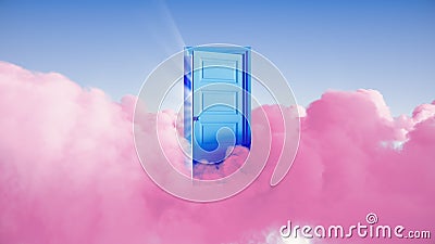 3d rendering, abstract fairytale background, light rays shining through the opening blue door, pink clouds Stock Photo