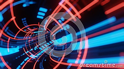 3D Rendering of abstract fast moving stripe lines with glowing data light flare. Stock Photo