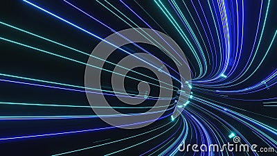 3D Rendering of abstract fast moving stripe lines with glowing led blue lights. High speed motion blur. Stock Photo