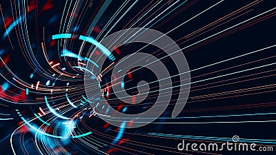 3D Rendering of abstract fast moving stripe lines with glowing tech led light flare. Stock Photo