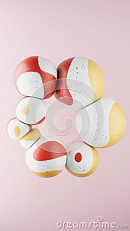 3D rendering of abstract geometric crumpled sphere shaped objects in a pale pink environment Stock Photo