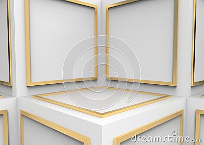 3d rendering. Abstract golden square shape block on white cube boxes corner wall background Stock Photo