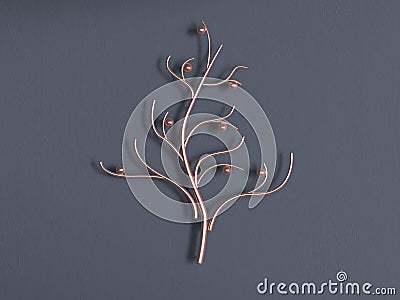 3d rendering abstract metal gold copper tree grey wall Stock Photo