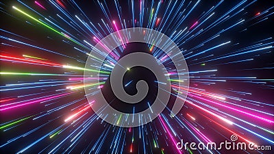 3d rendering, abstract neon background with colorful firework, glowing lines and falling stars. Triangular black hole and meteor Stock Photo