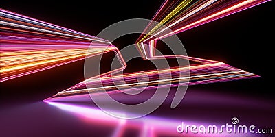 3d rendering. Abstract neon background. Fluorescent ines glowing in the dark room with floor reflection. Virtual dynamic zigzag Stock Photo
