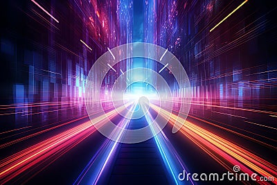 3d rendering of abstract neon highway path through digital binary tower modern futurism Stock Photo