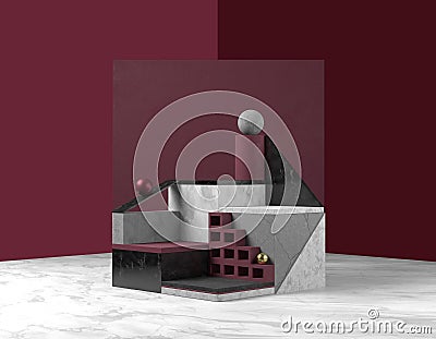 3D rendering abstract scene of product promotion. Concrete, marble black white blocks steps, primitive cylinder, balls on red Stock Photo