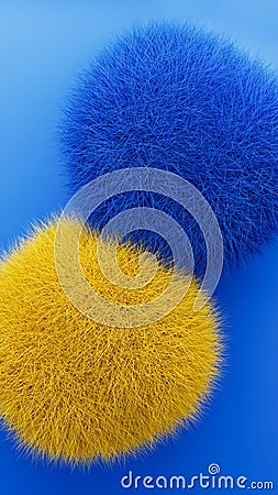 3d rendering abstract soft furry shapes. Balls in yellow and blue colors. Cartoon Illustration