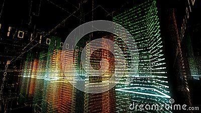 3D rendering of abstract virtual city inside a computer system. Hologram 3D Big Data Digital City Stock Photo
