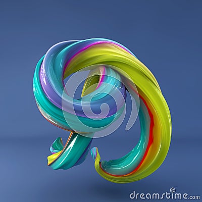 3d rendering of isolated letter. Wavy dabs of colorful paint by calligraphy brush in space. Three dimensional strokes. Stock Photo