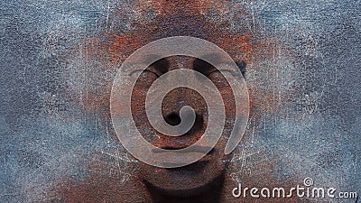 3d rendering of an abstract woman face on a rusty metal sheet Stock Photo