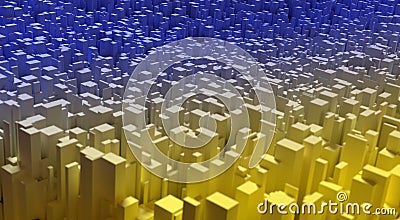 3D rendering. Abstraction, many geometric shapes 3d parallelepiped on a plane, blue-yellow gradient, side view. Stock Photo