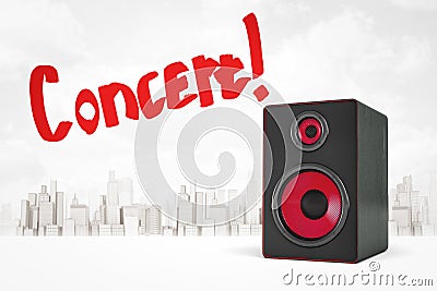 3d rendering of acoustic loudspeaker with red `Concert` sign on white city skyscrapers background Stock Photo