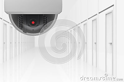 3d rendering. activated red eye Security sphere dome camera with blurred many doors room hallway background. Stock Photo