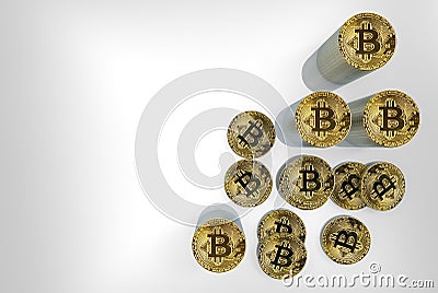 3d rendering. aerial view of golden saving crypto currency bitcoin stacks on copy space gray background Stock Photo