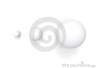 3d rendering. aerial view of simple white small to big sphere ball object on gray background. growing up or evolution concept. Stock Photo