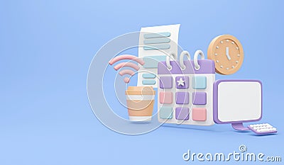 3D Rendering of Agenda element icons calendar computer time coffee internet paperwork symbol on background Cartoon Illustration