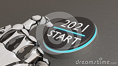 3d rendering ai artificial intelligence hand try to push start 2021 button Stock Photo