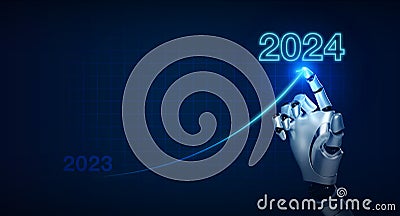 3d rendering AI robot humanoid hand draws rising arrow from 2023 to 2024 calendar years on growth graph. Stock Photo