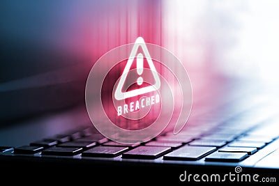 3D Rendering of alert logo on laptop computer. Concept of privacy data being hacked and breached from internet technology Stock Photo